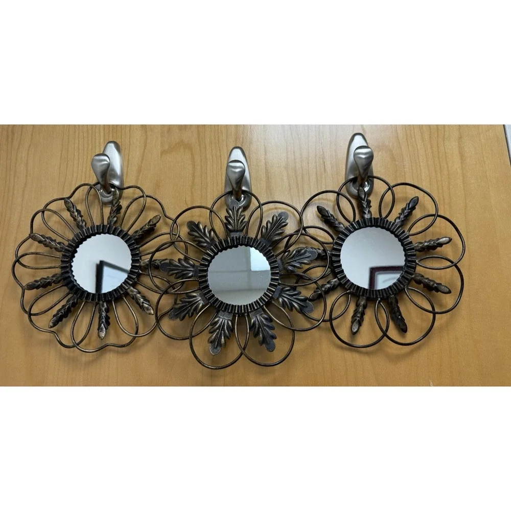 Lot of 3 Vintage Metal Flower Shaped Hanging Mirrors with Leaves Home Decor